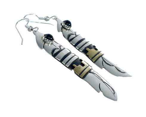 Native American Sterling Silver 12 Karat Gold Filled And Onyx Hook Dangle Earrings NN20358
